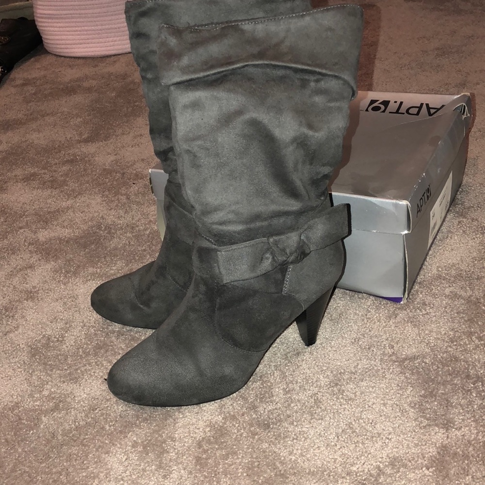 Gray boots.